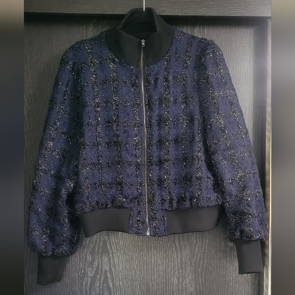 Marled Midnight Blue Checkered Bomber Jacket